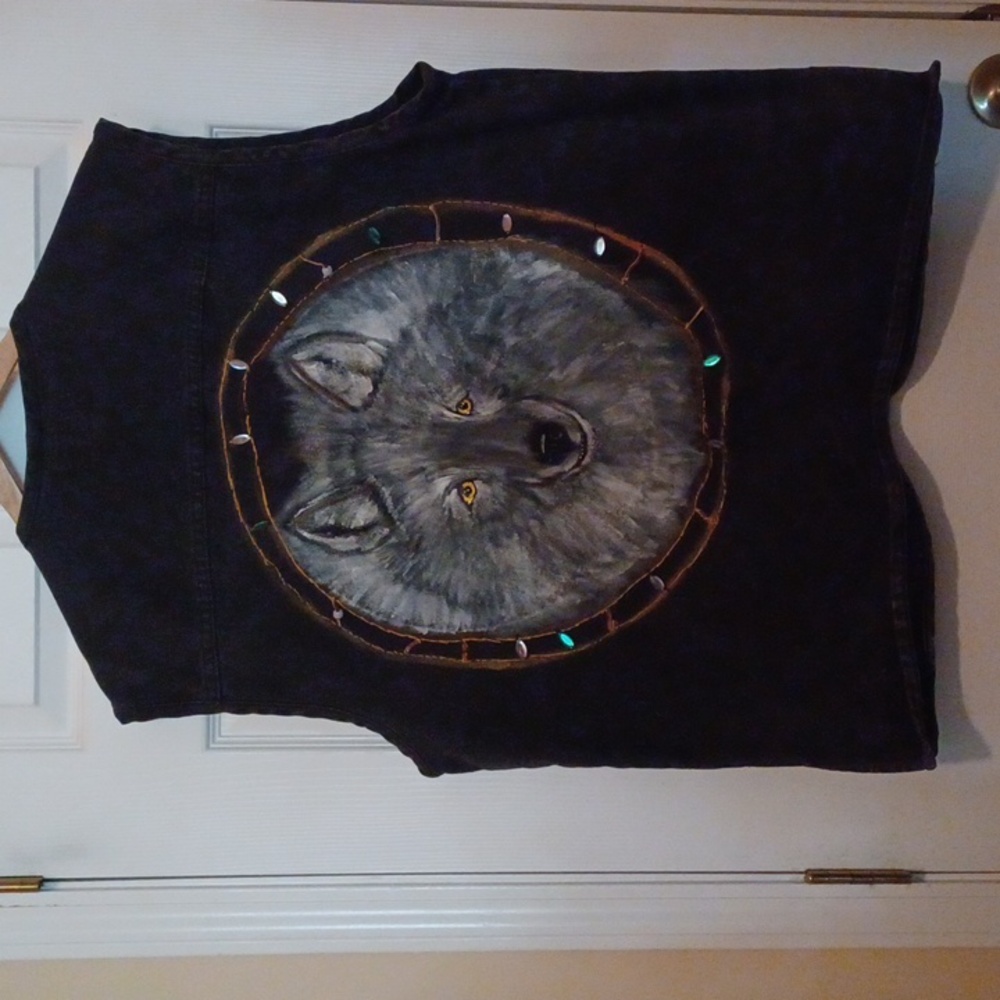 Custom Unique Black Denim Jacket Vest With Original Wolf Painting NC Artist "DH"